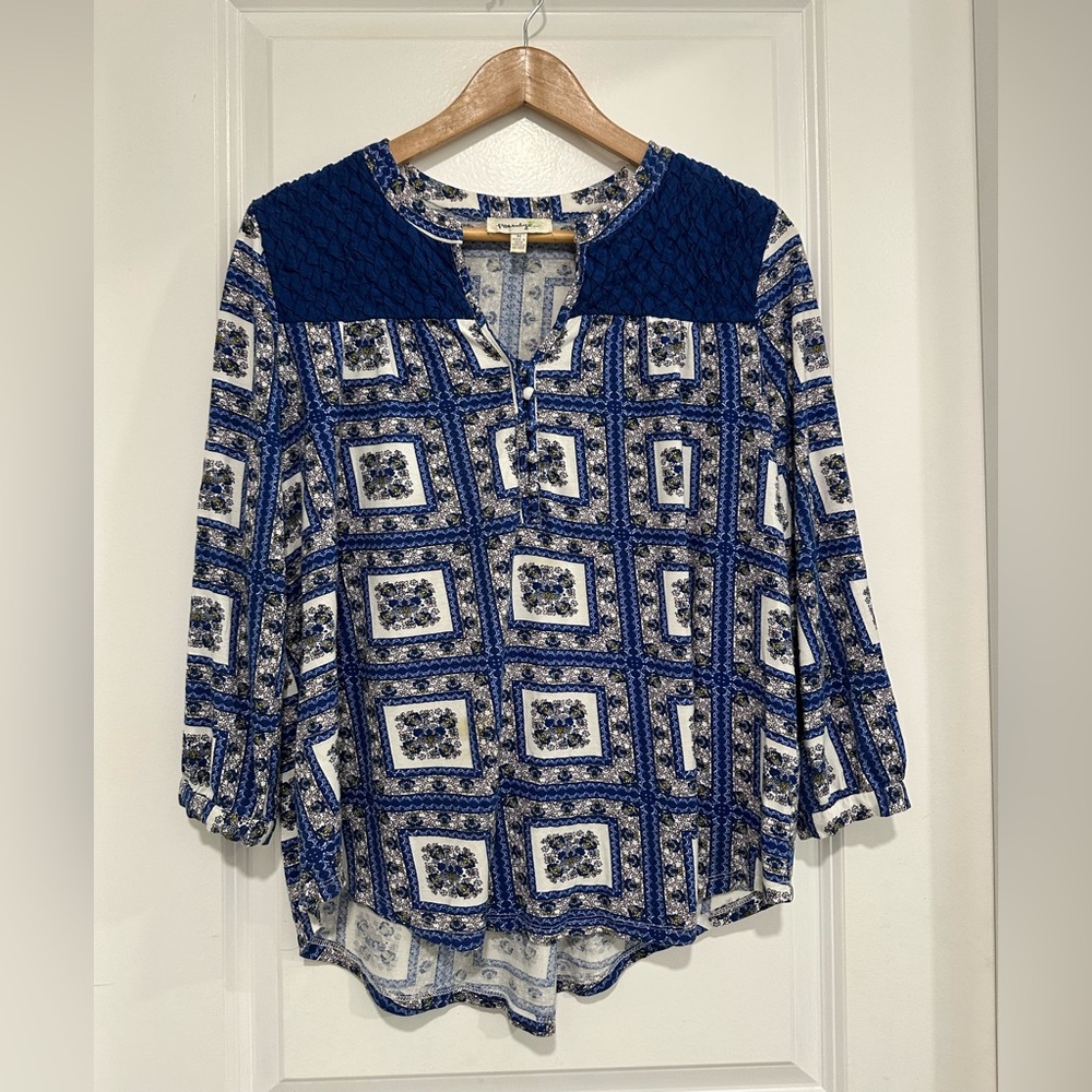 Porridge Anthropologie Women’s Medium Blue Patterned Blouse 3/4 Sleeve